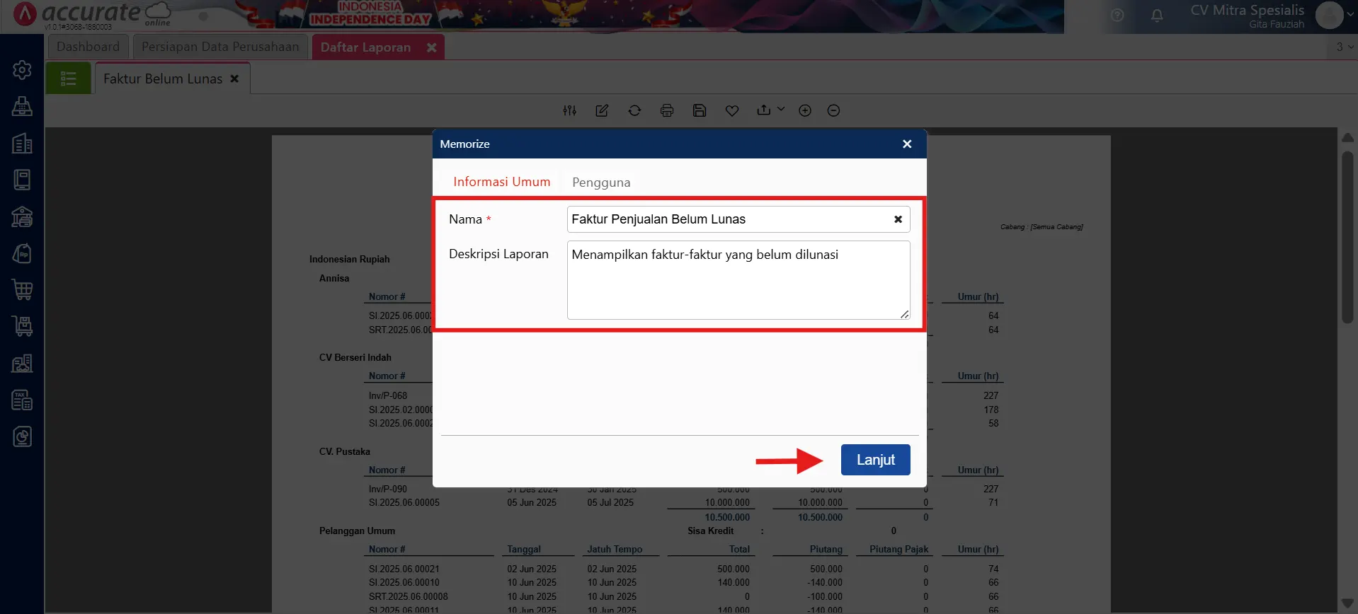 simpan format laporan yang sudah dimodifikasi